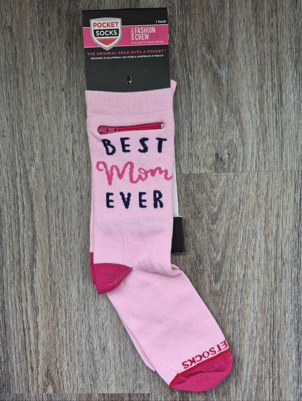 Pocket Socks Pink "Best Mom Ever" Crew Socks, New